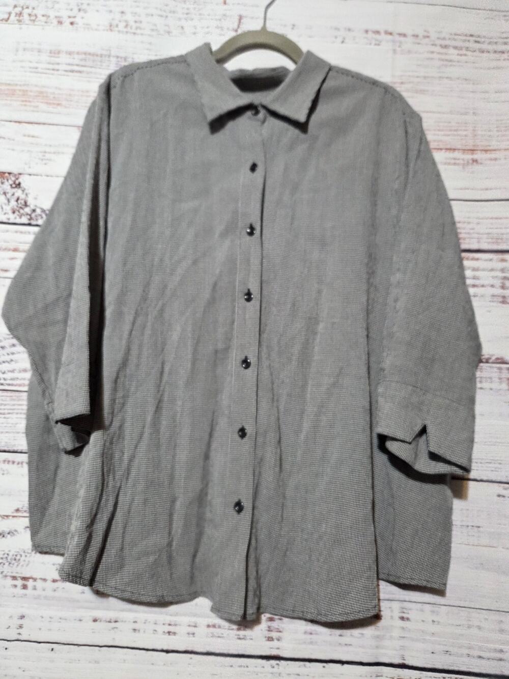 CJ Banks Shirt Ladies 2x Button Front 3/4 Sleeve Black White Houndstooth